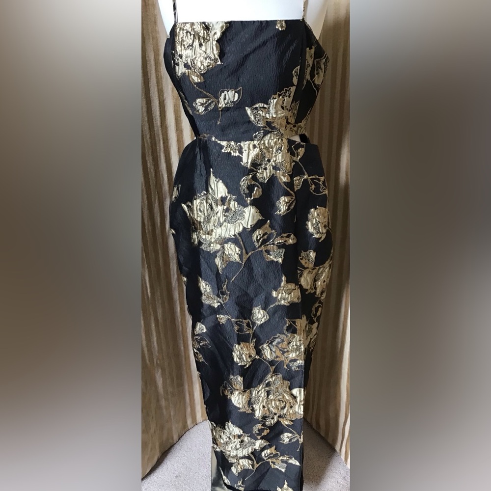 Elegant Black & Gold Floral Full Length Dress